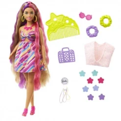 Mattel HCM89 Barbie Totally Hair Puppe Im Blumenlook, 21,6 Cm Langes Fantasiehaar, 15 Zubehörteile, Ab 3 Jahren