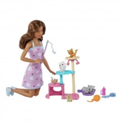 Mattel HHB70 Barbie-Puppe Und Kätzchen Kratzbaum Spielset Mit Zubehör. Spielzeug Für Kinder Ab 3 Jahren